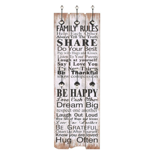 Wandgarderobe mit 6 Haken 120 x 40 cm "FAMILY RULES"