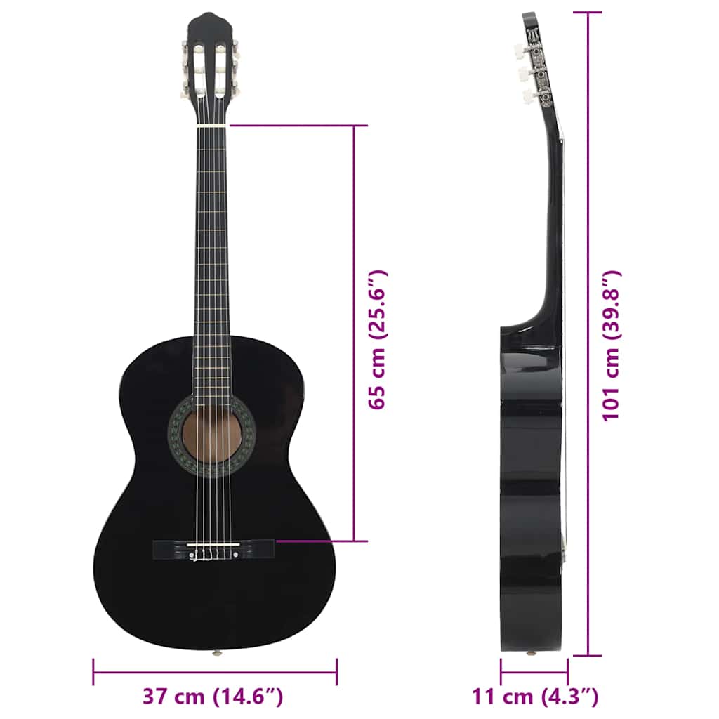 Chitarra classica per principianti, nera, misura 4/4, tiglio da 39"