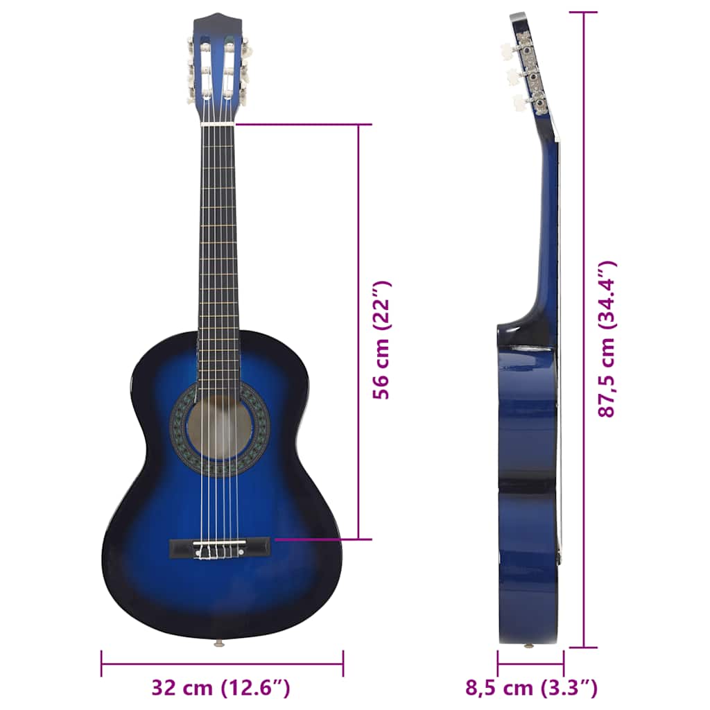 Chitarra classica per principianti e bambini, blu, misura 1/2, 34"