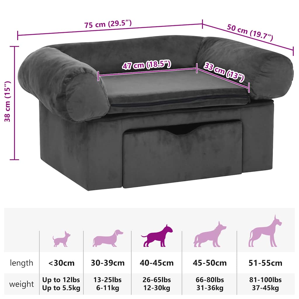Hundesofa mit Schublade Dunkelgrau 75x50x38 cm Plüsch