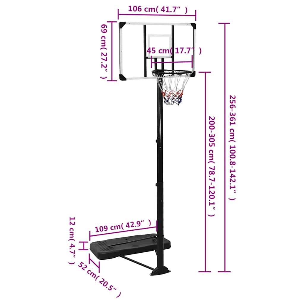 Supporto da basket trasparente, 256-361 cm, policarbonato