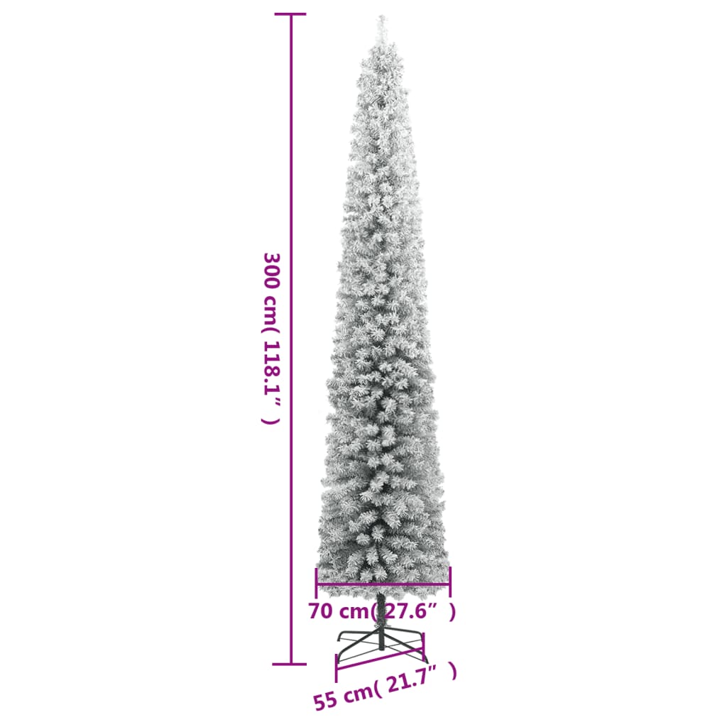 Albero di Natale sottile con supporto, innevato, 300 cm, PVC