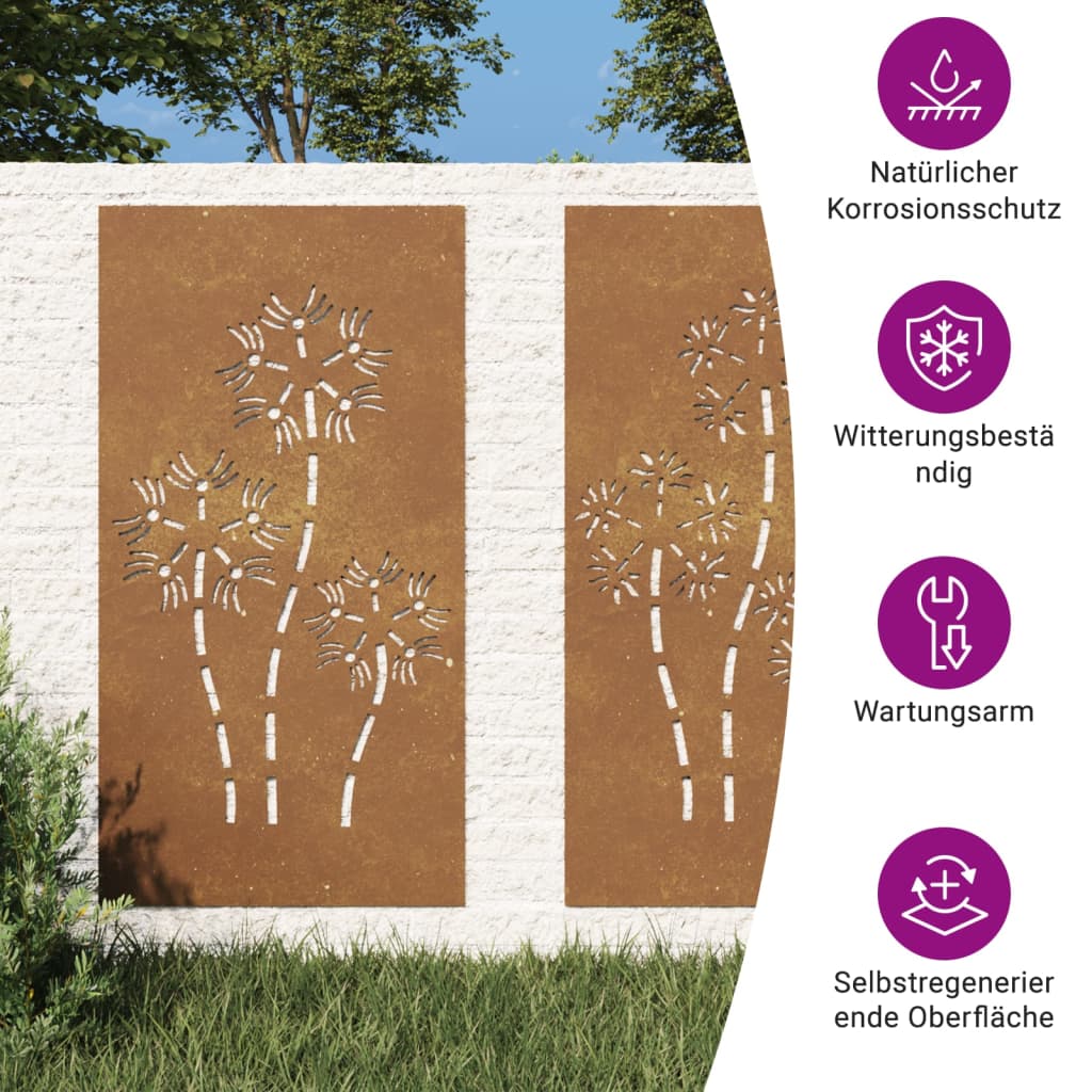 2-tlg. Garten-Wanddeko 105x55 cm Cortenstahl Blumen-Design