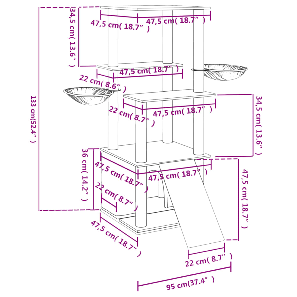 Tiragraffi per gatti con pali in sisal, grigio chiaro, 133 cm
