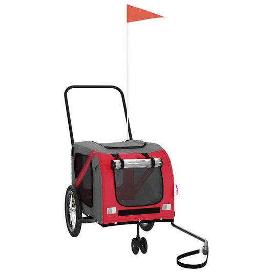 Rimorchio per bicicletta per cani, tessuto Oxford rosso e grigio e ferro