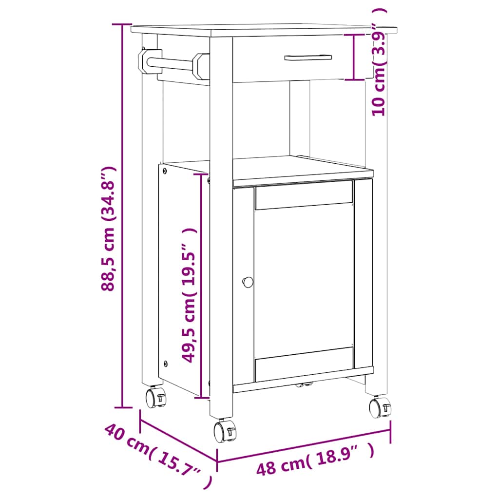Küchenwagen MONZA 48x40x88,5 cm Massivholz Kiefer