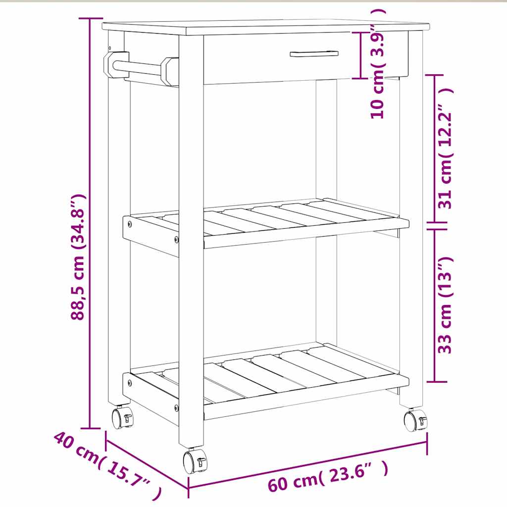 Küchenwagen MONZA 60x40x88,5 cm Massivholz Kiefer