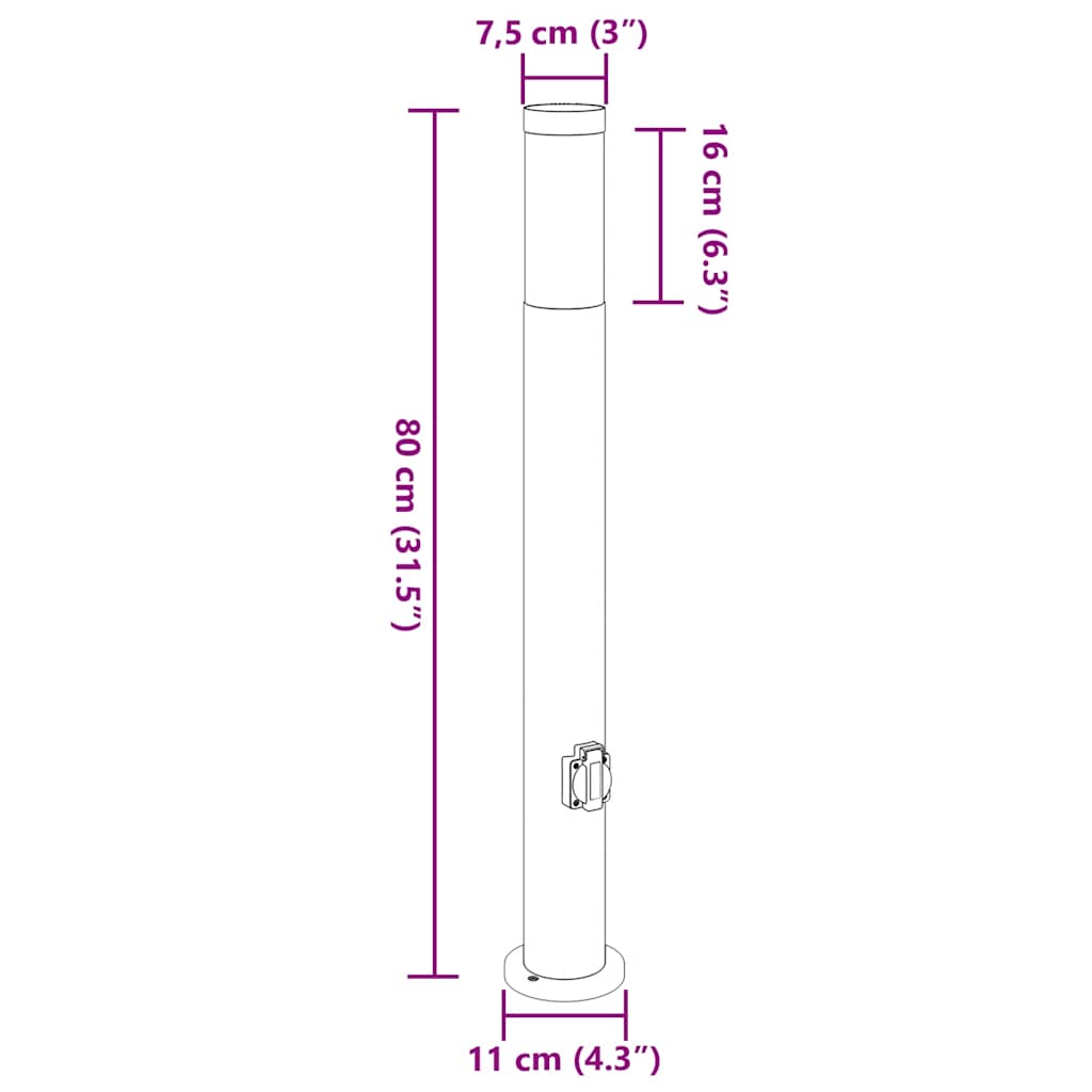 Paletto luminoso con presa, confezione da 3, 80 cm, acciaio inox, IP44