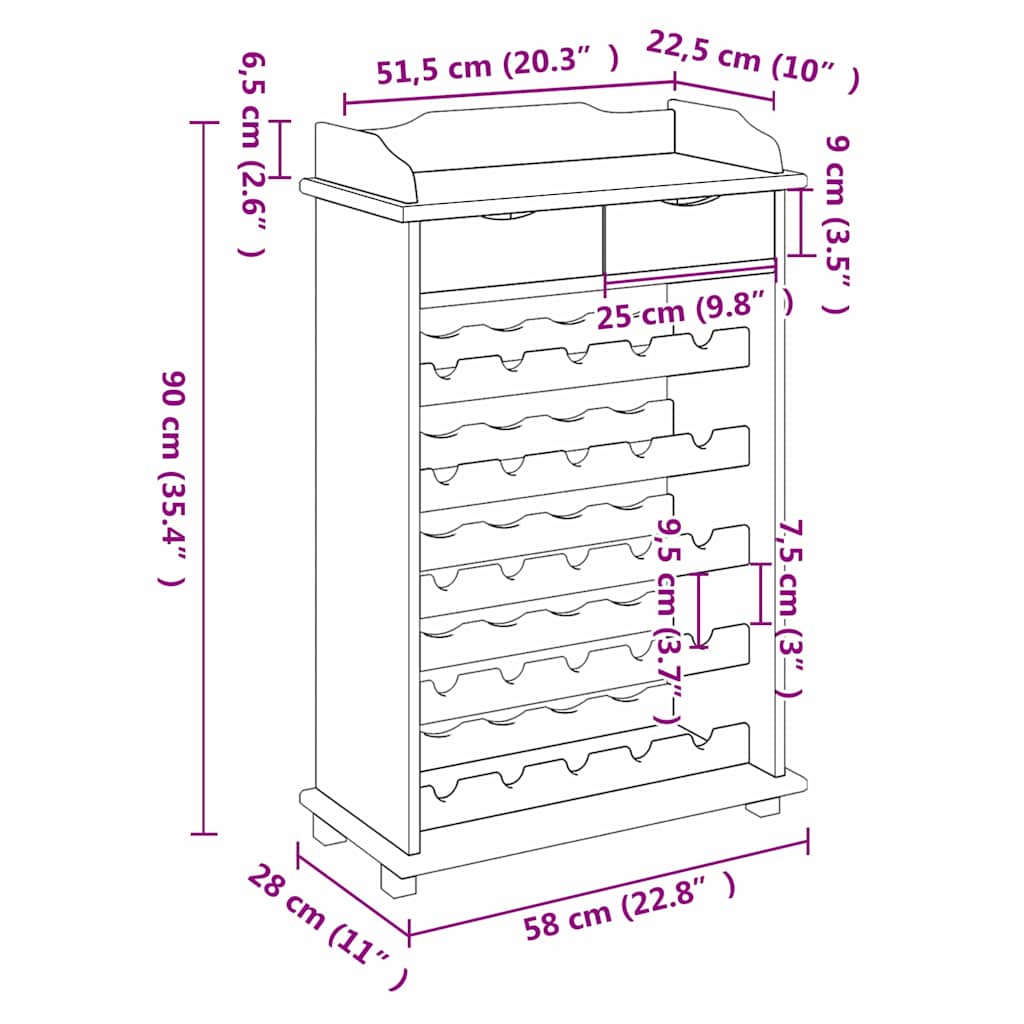 Portabottiglie marrone, 58 x 28 x 90 cm, legno di pino massiccio