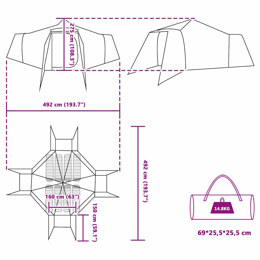 Tenda teepee con tetto, verde e beige, 492 x 492 x 275 cm, tessuto