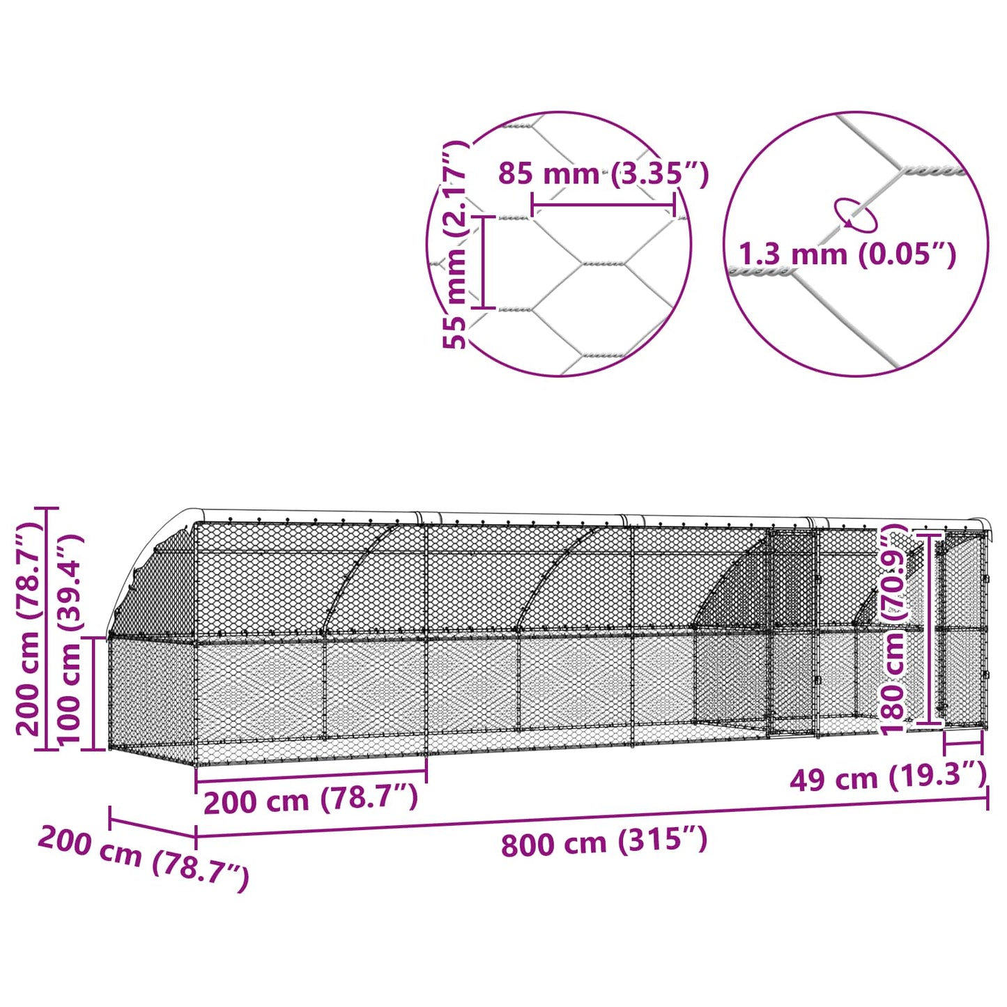 Hundekäfig mit Speicher 4 pcs Silber 8 x 2 x 2 m Stahl