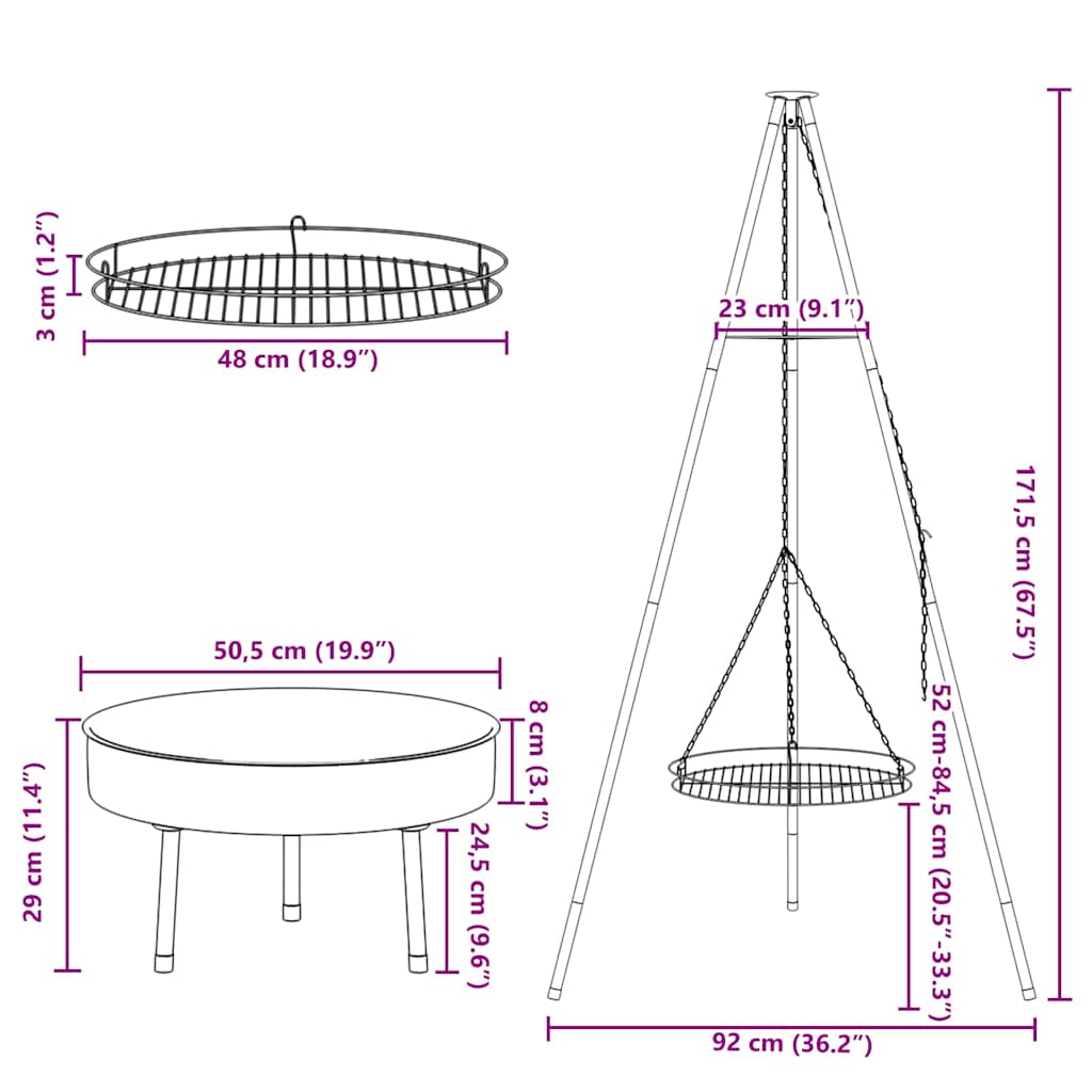 Lagerfeuer Stativ Schwarz 92 x 92 x 171.5 cm Metall