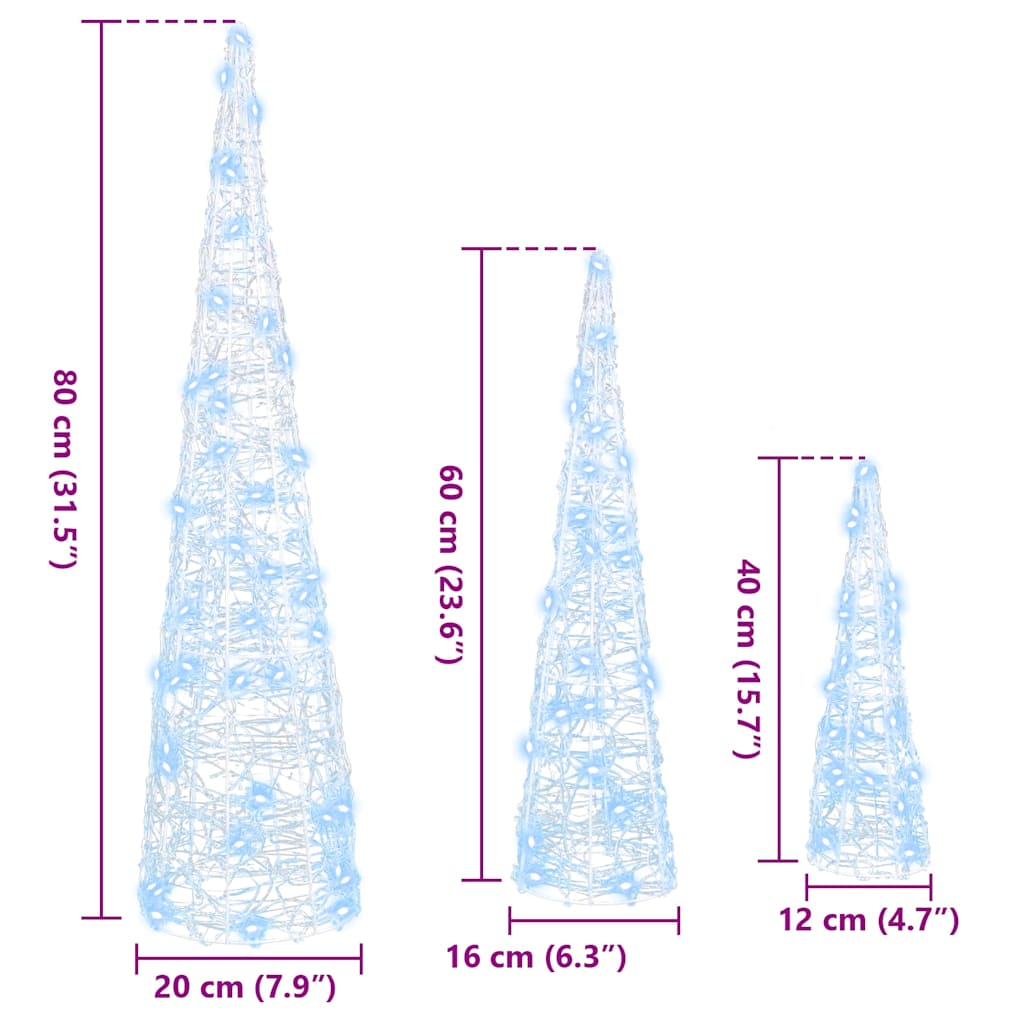 Albero di Natale con 90 LED, 3 pezzi, bianco freddo, 20 x 20 x 80 cm, acrilico