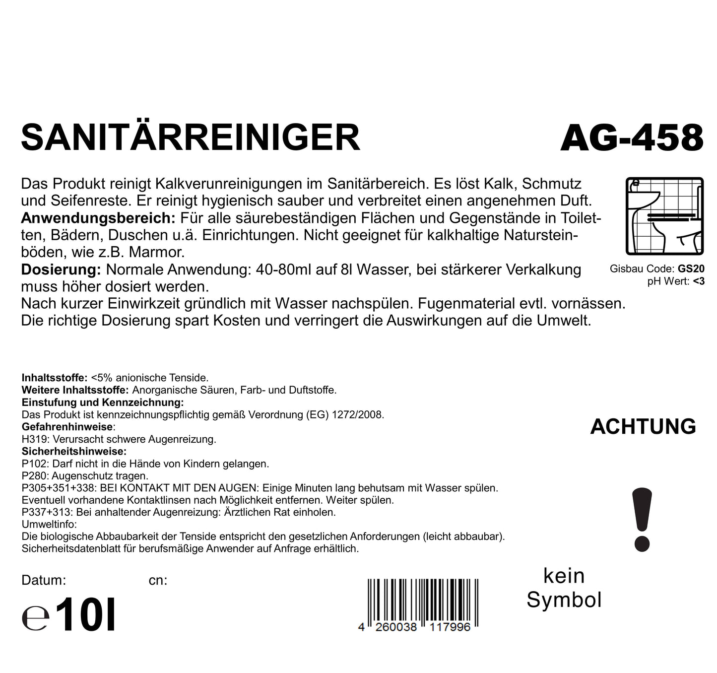 Sanitärreiniger, gegen Kalkverunreinigungen, rosa, PH <2, Palette mit 60 Kanister à 10 Liter