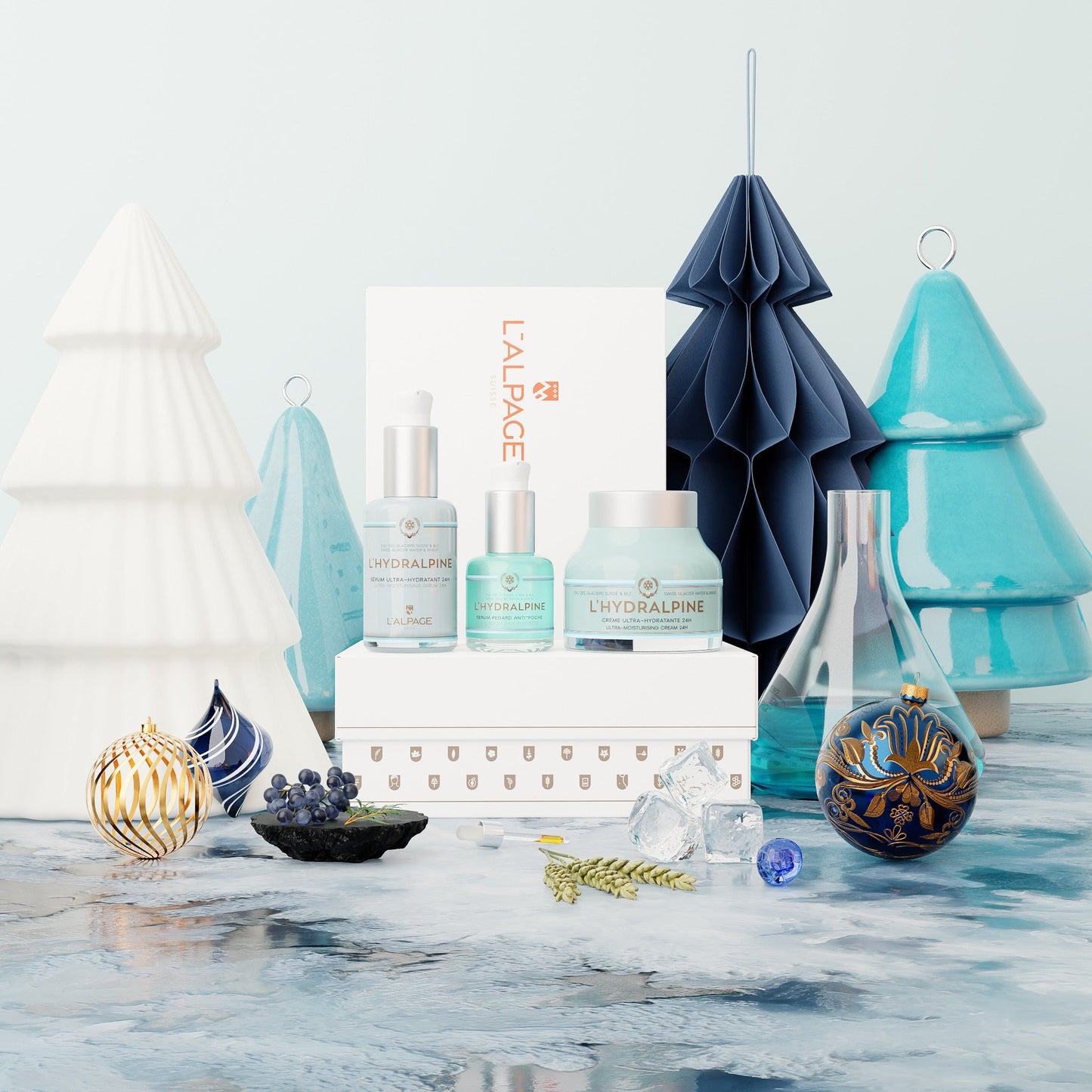 Set ou Coffret Cadeau Crème Visage Hydratante 24h + Sérum Visage Hydratante 24h + Serum Regard Anti-Poche L'HYDRALPINE