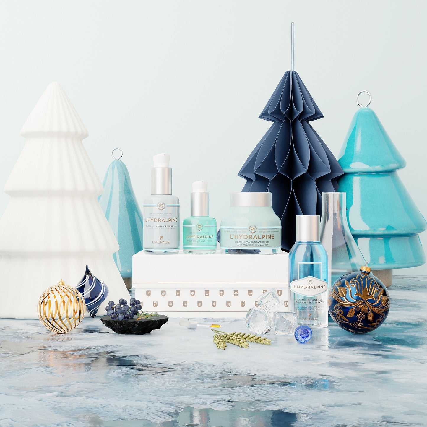 Set ou Coffret Cadeau Crème Visage Hydratante 24h + Sérum Visage Hydratante 24h + Serum Regard Anti-Poche + Démaquillant Bi-Phase Waterproof L'HYDRALPINE