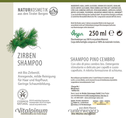 Unterweger Zirben Shampoo 235ml – Naturkosmetik mit Bio-Zirbenöl & alpinem Duft für sanfte Haarpflege