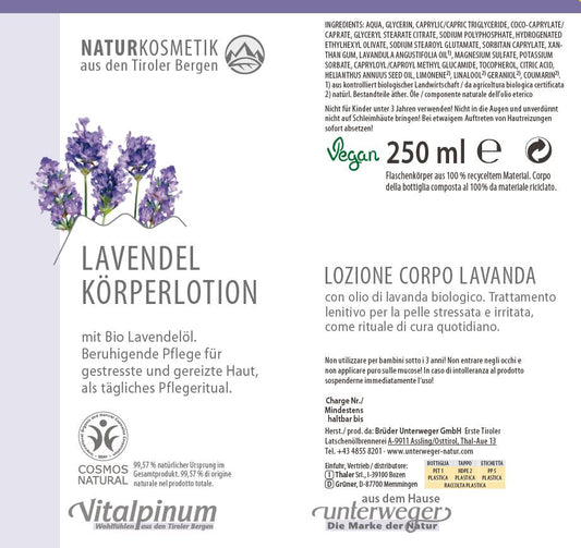 Lavendel Bodylotion Unterweger – Naturkosmetik mit Bio-Lavendelöl für entspannende Pflege & intensive Feuchtigkeit