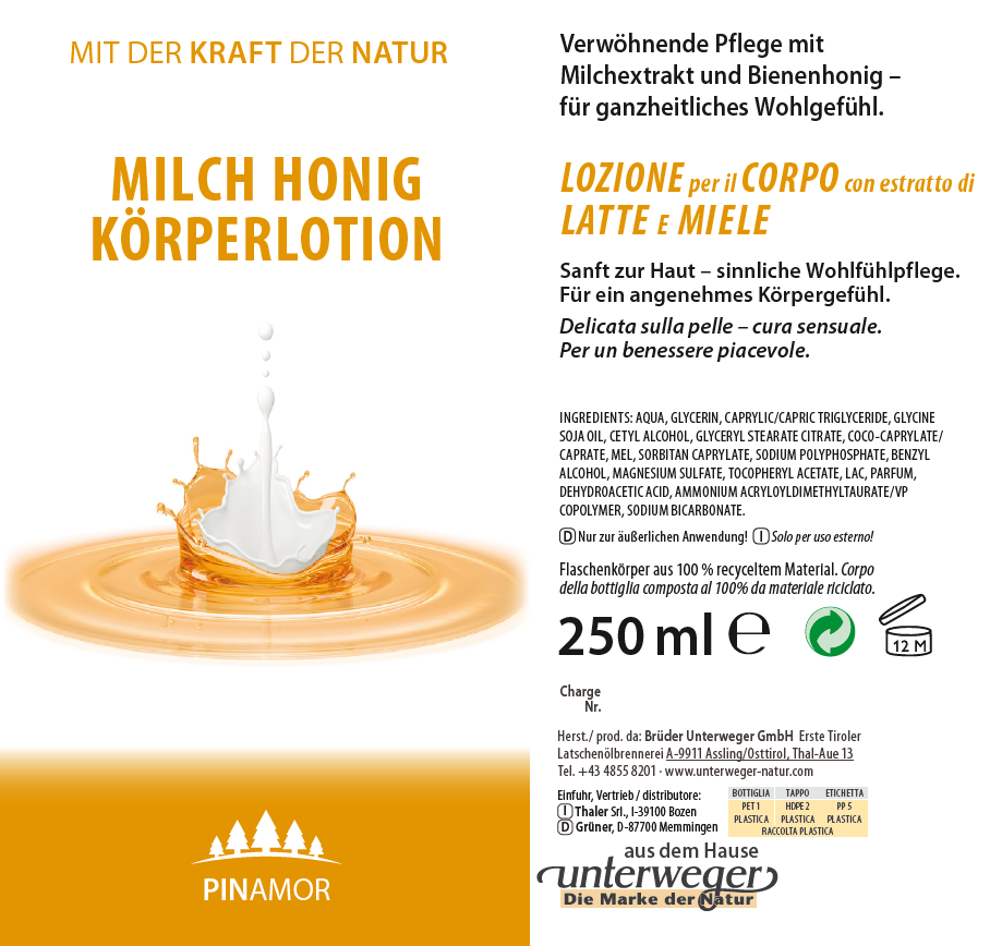 Milch Honig Bodylotion Unterweger – Naturkosmetik für trockene & empfindliche Haut mit pflegendem Duft