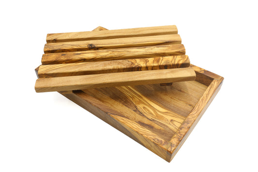 Olive wood rectangular bread cutting board with crumb catcher