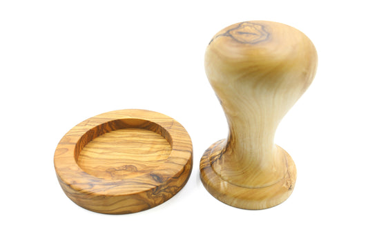 Olive wood coffee tamper with holder, unibody espresso presser