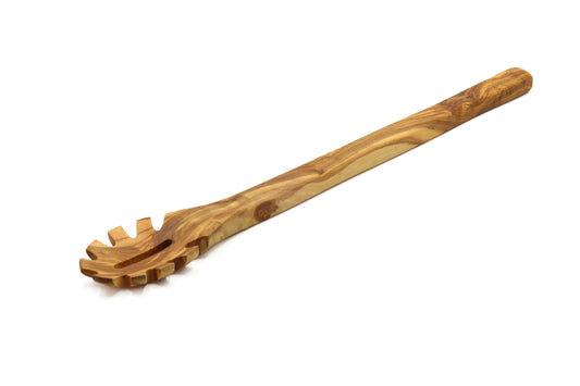 Olive wood pasta and noodle scoop, hook spaghetti spoon, pasta twirling fork