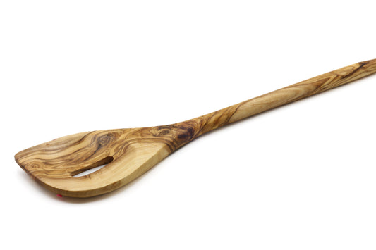 Olive wood pointed stirring and mixing spoon with central hole
