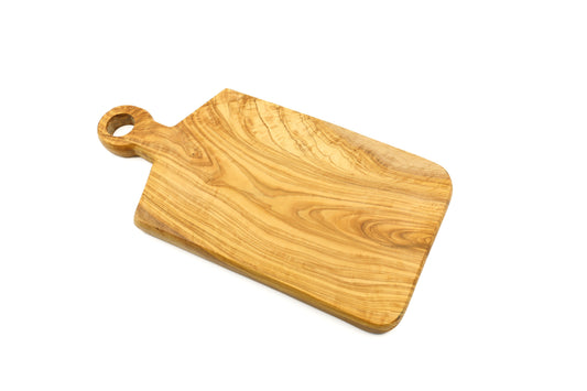 Rectangular olive wood cutting board with ringed handle