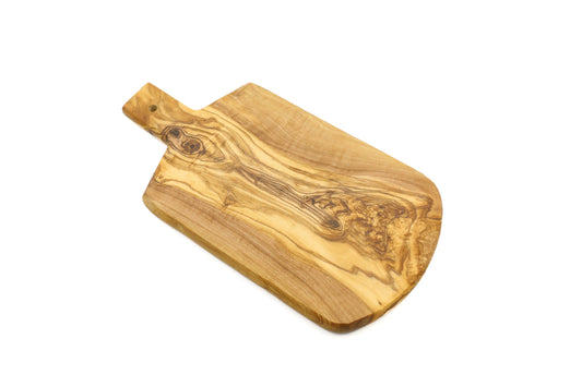 Shield-shaped olive wood serving board with handle