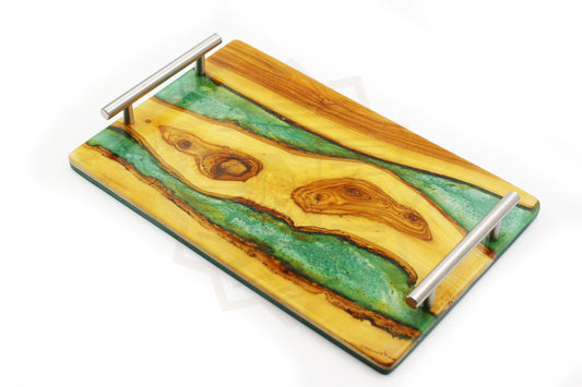 Rectangular olive wood serving tray with handles