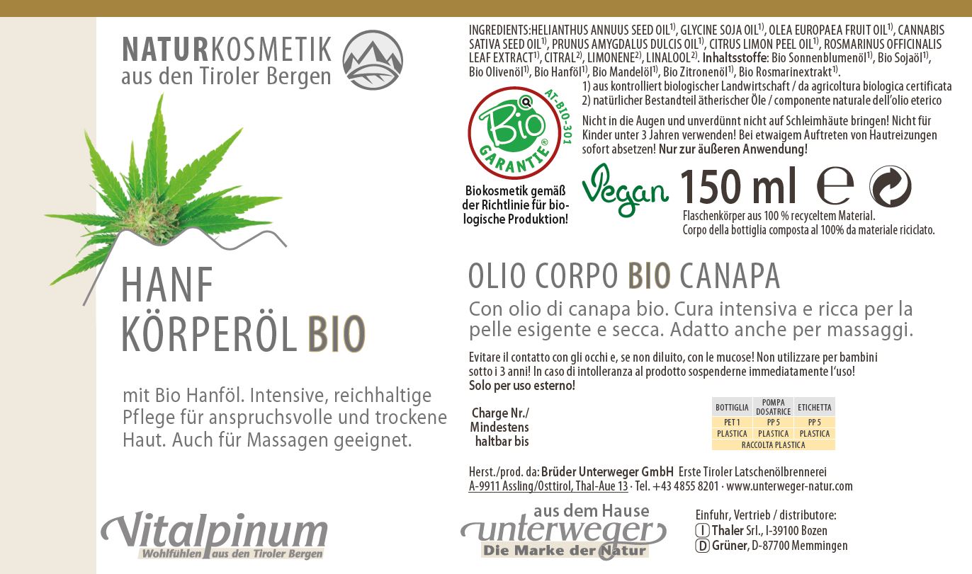 Unterweger Hanf Körperöl 150ml – Biokosmetik mit Hanföl zur Pflege & Massage trockener, empfindlicher Haut