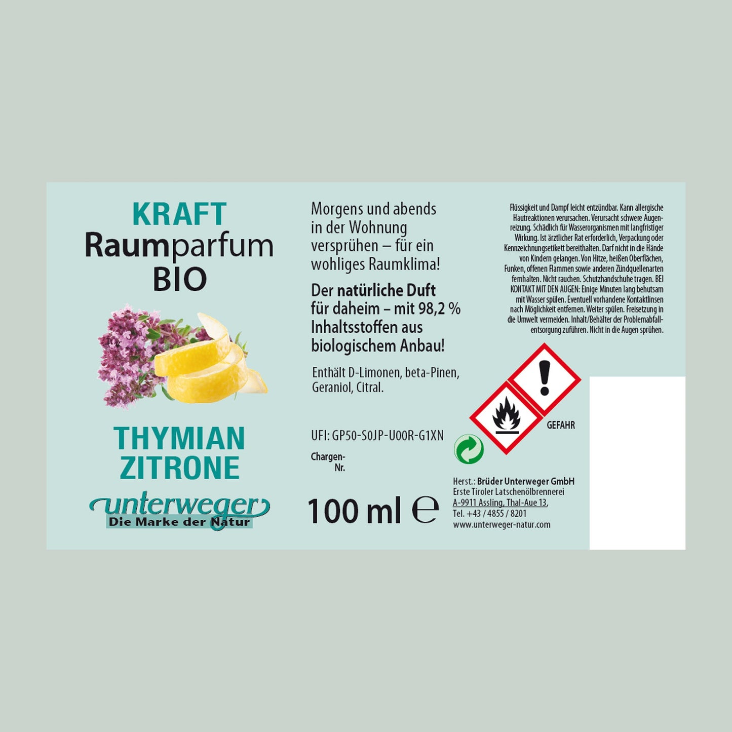 BIO Raumparfum Zitrone & Thymian Unterweger – Natürliche Frische für dein Zuhause