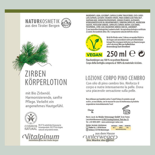 Zirben Bodylotion Unterweger – vegane Naturkosmetik für ein angenehmes Hautgefühl