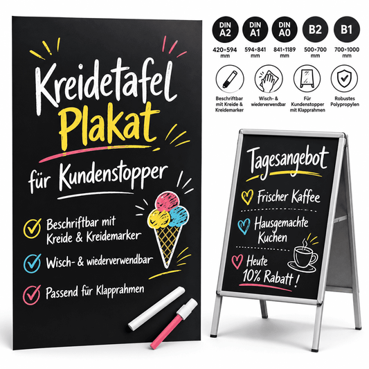 Kreidetafel Plakat für Kundenstopper SCHWARZ – beschriftbare Tafelfolie im 2er-Set, Wasserfest