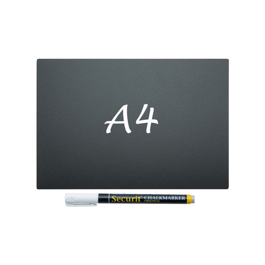 Securit® Kreidetafel TAGs A4 Schwarz, inkl. 1 Securit® Kreidestift, 4 Spikes und 4 transparenten Haltern, 5er Set