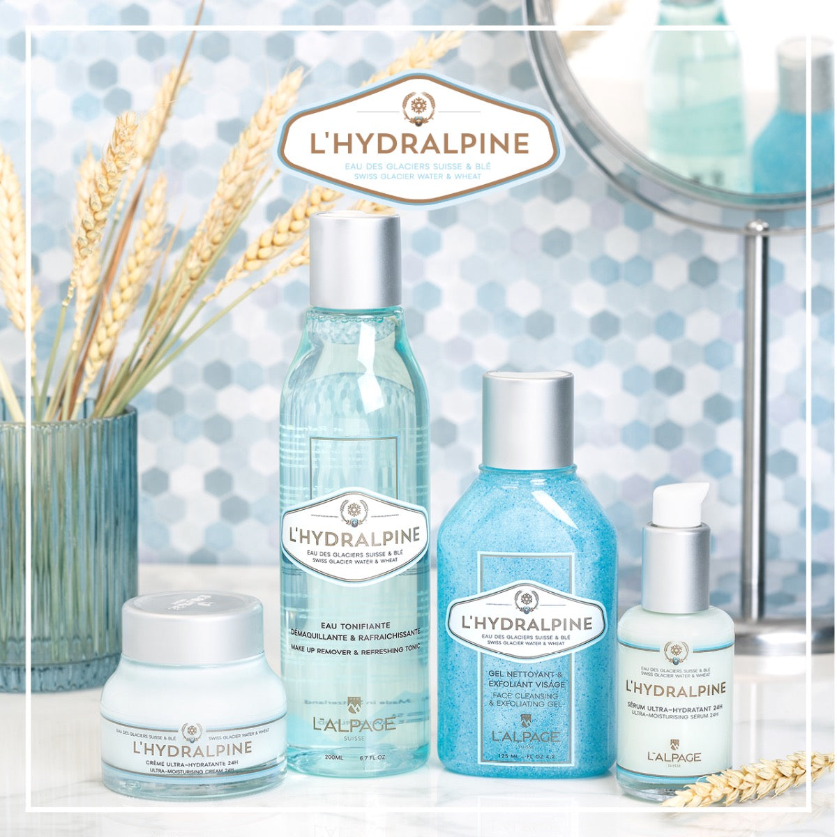 Set ou Coffret Cadeau Crème Visage Hydratante 24h + Sérum Visage Hydratante 24h + Eau Tonifiante + Gel Nettoyant Exfoliant L'HYDRALPINE
