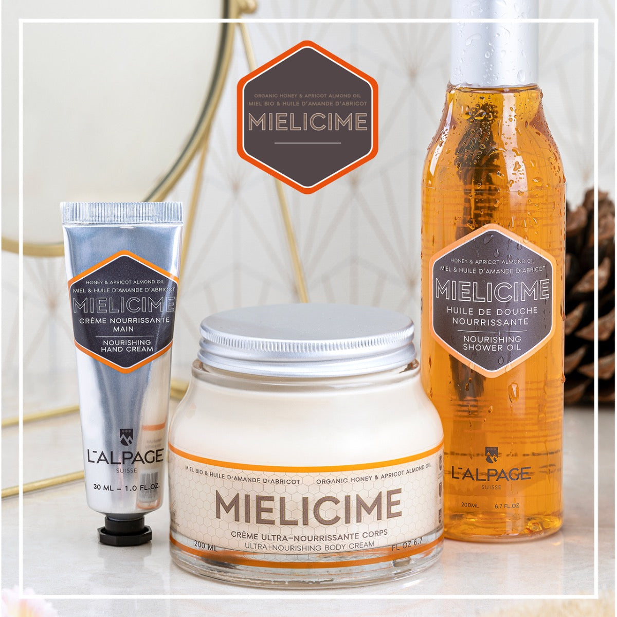 Set ou Coffret Cadeau TRIO Crème Corps 200ml + Crème Main + Huile Douche Mielicime