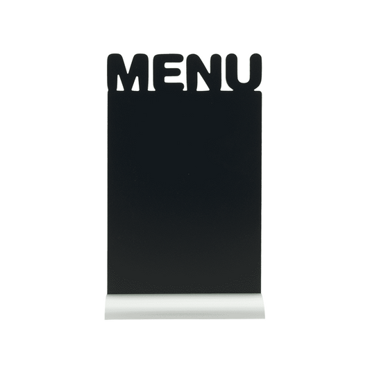 Securit®, Tischkreidetafel Aufsteller mit Aluminiumfuss, Eckige Form-Silhouette "MENU", 21x34cm