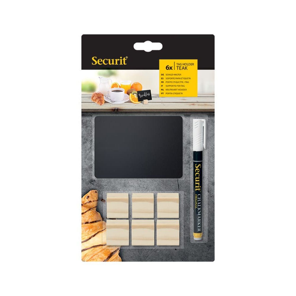 Securit® Holz - Aufsteller für TAGs, 6 Stück inkl. 6 TAG's in A7 und 1 Securit Kreidestift - Tischaufsteller / Tags - Speedjust Schweiz