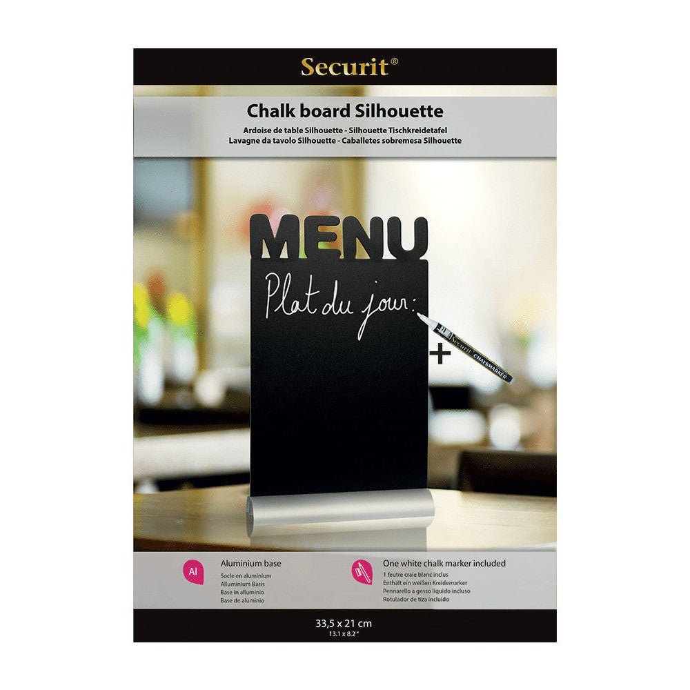 Securit®, Tischkreidetafel Aufsteller mit Aluminiumfuss, Eckige Form - Silhouette "MENU", 21x34cm - Tischaufsteller / Tags - Speedjust Schweiz