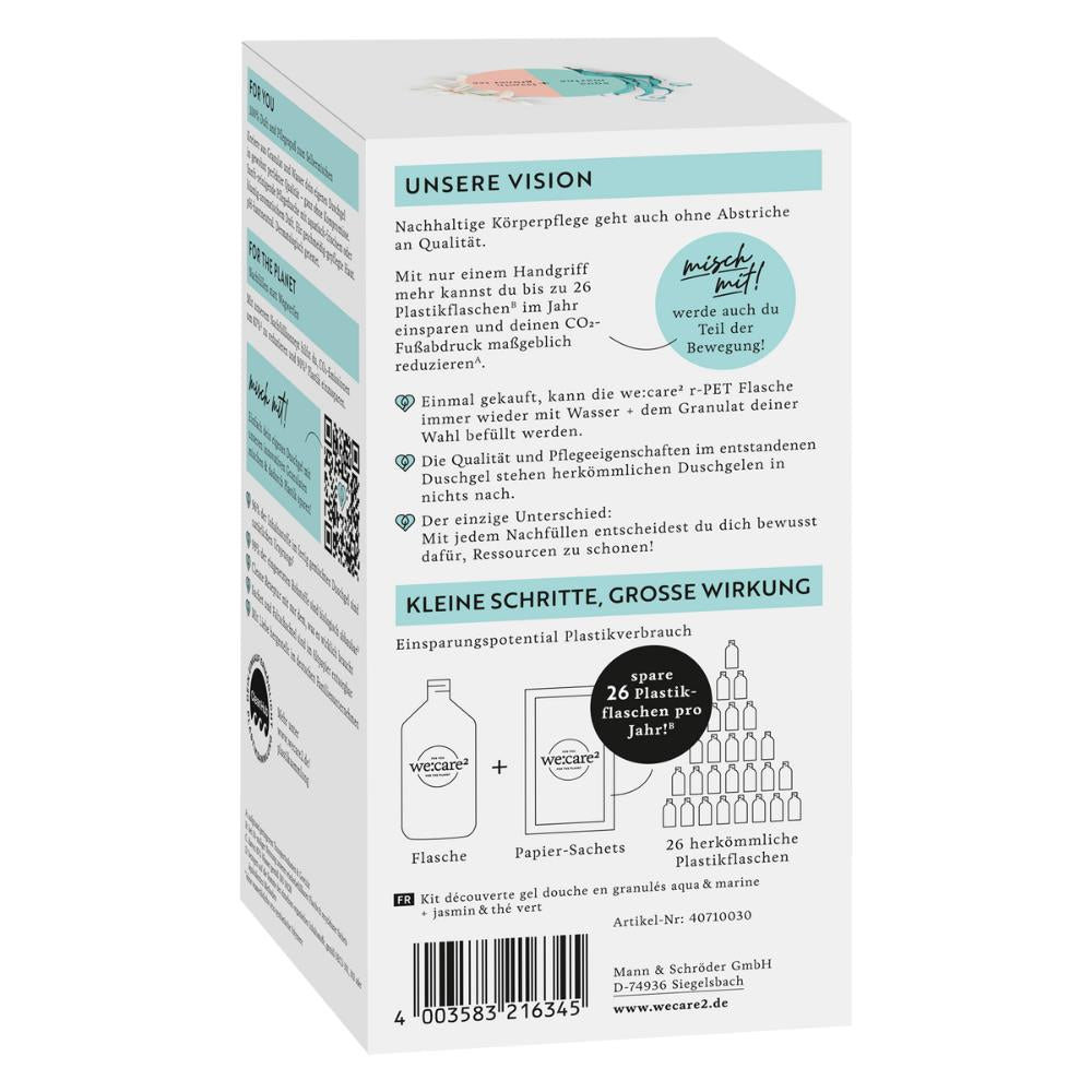 we:care2 Set introduttivo, Granuli di gel doccia, Tè verde al gelsomino e Acqua marina