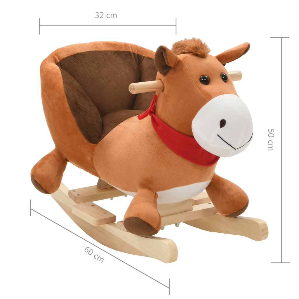 Cavallo a dondolo con schienale, peluche, 60x32x50 cm, marrone