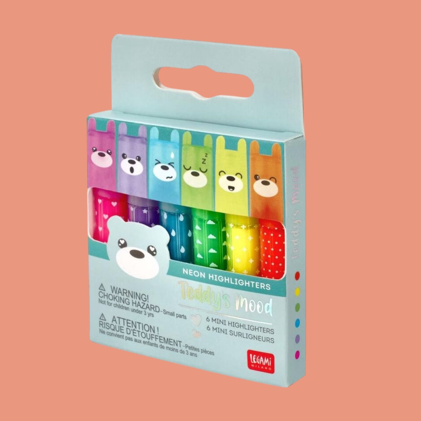 Legami. Mini Textmarker „Teddy’s Mood“ Neon Set, 6 Stk.