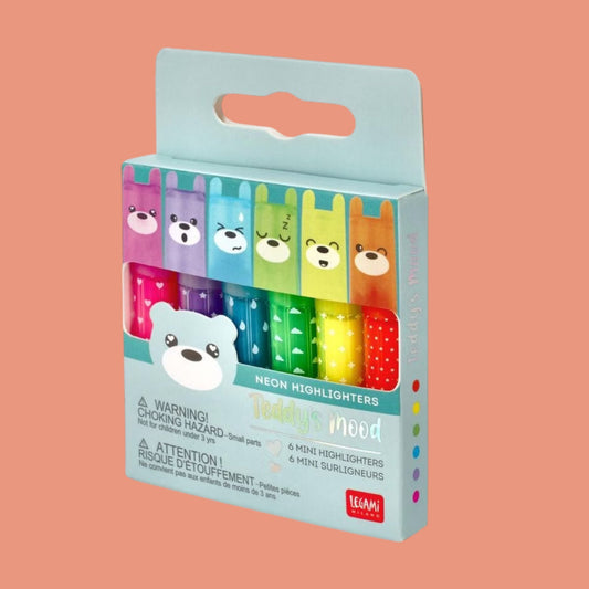 Legami. Mini Textmarker „Teddy’s Mood“ Neon Set, 6 Stk.