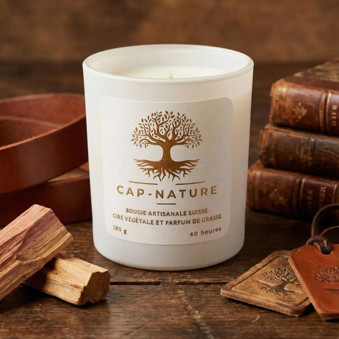 Bougie Artisanale Suisse à la Cire de Soja – Parfum Cuir et Bois