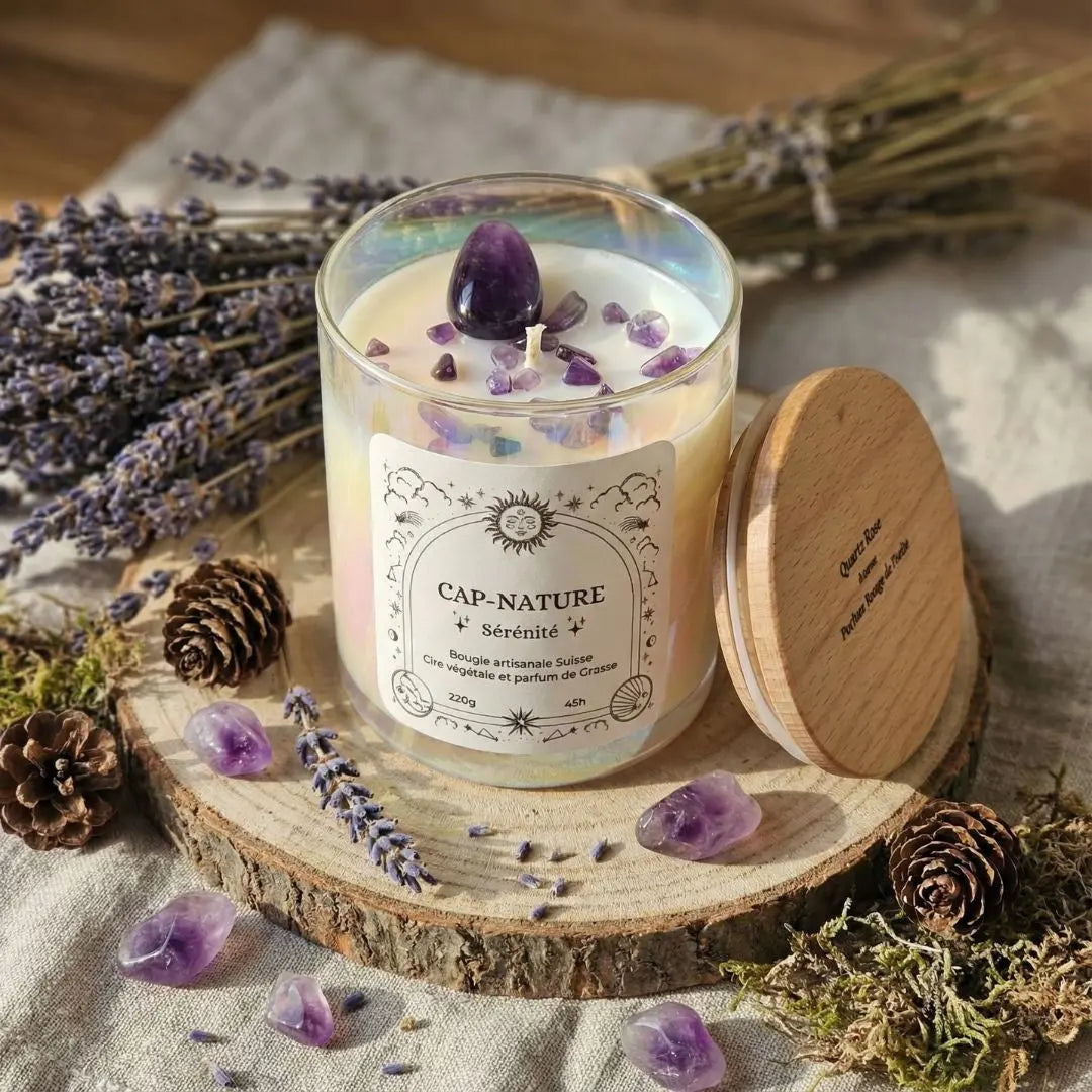 Bougie Améthyste – Parfum Zen | Bougie artisanale avec pierre semi-précieuse