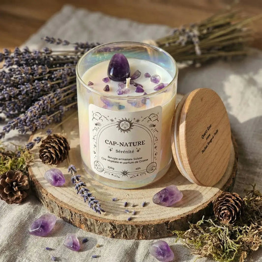 Bougie Améthyste – Parfum Zen | Bougie artisanale avec pierre semi-précieuse