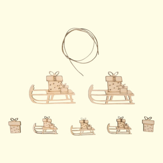 Rayher Holz Deko Schlitten, FSC Mix Credit, 4–7,5 cm, mit Kordel 0,5 m, 7 Stück