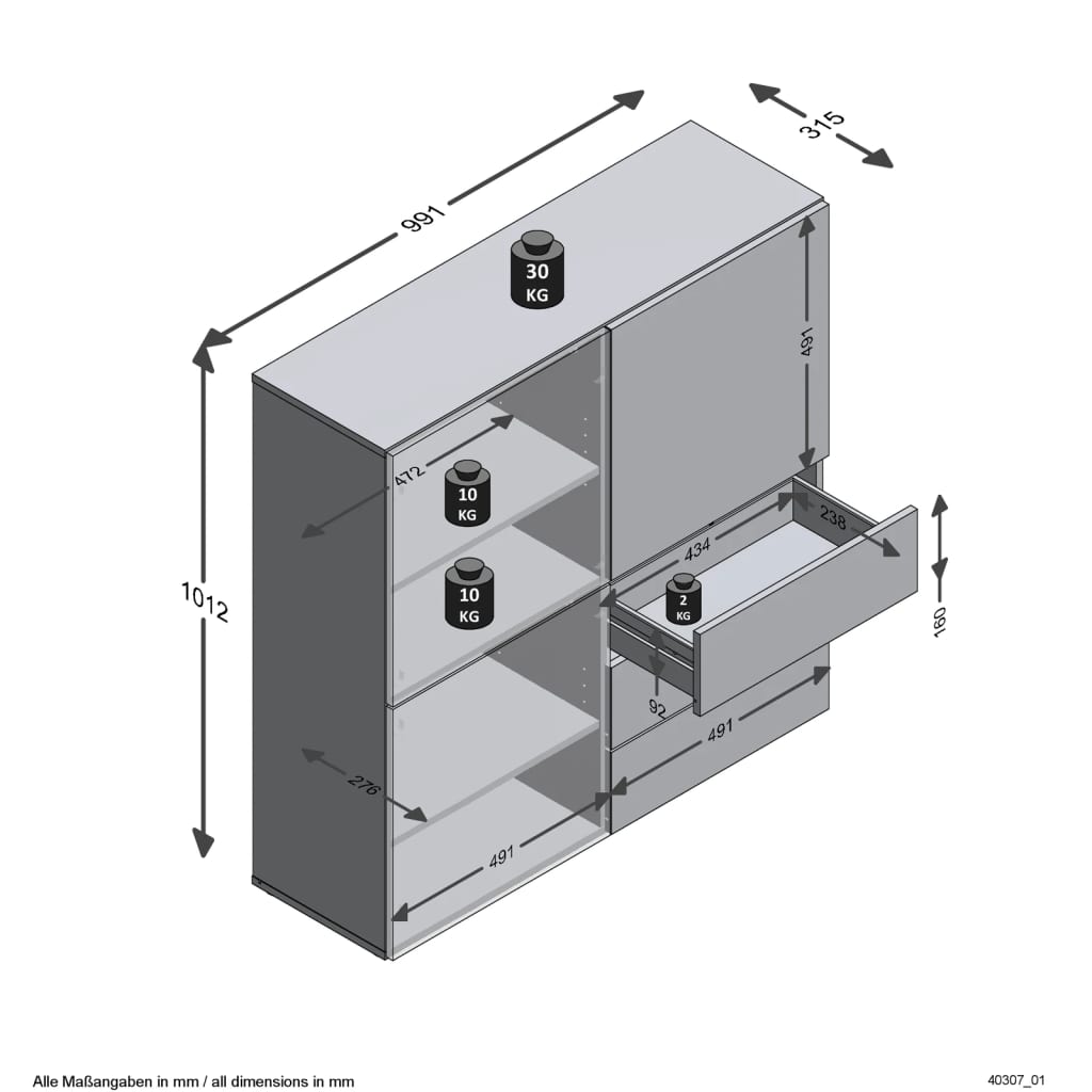 FMD Schrank mit 3 Schubladen und 3 Türen 99x31,5x101,2 cm Blau