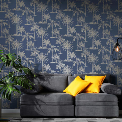 DUTCH WALLCOVERINGS Tapete Tropische Bäume Marineblau und Silbern